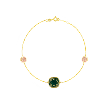 Amelia España Green and Pink Mother Of Pearl Bracelet Three Motifs in 18K Yellow Gold 