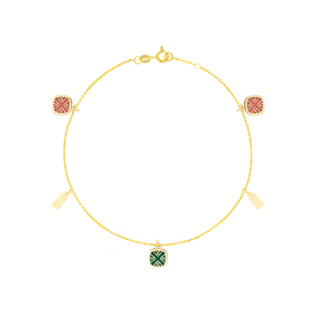 Amelia España Green and Orange Mother Of Pearl Anklet Three Motifs in 18K Yellow Gold 