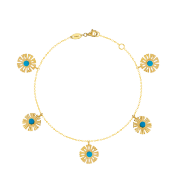 Farfasha Sunkiss Anklet in 18K Yellow Gold With Five Arfaj Flowers studded with Turquoise