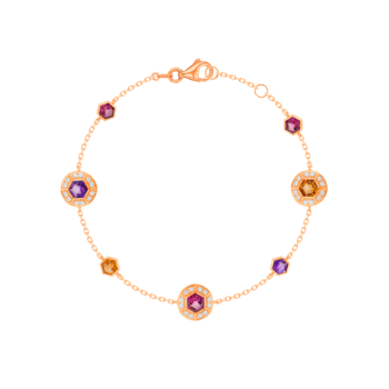 Kanzi Bracelet in 18K Rose Gold and studded with Raspberry Rhodolite Orange Citrine,
and Purple Amethyst