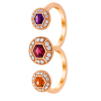 Kanzi Ring in 18K Rose Gold and studded with Raspberry Rhodolite Orange Citrine,
and Purple Amethyst