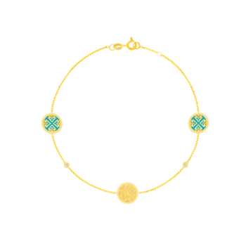 Lace Turquoise Stone Diamond Three Motifs Bracelet in 18K Yellow Hammered Gold