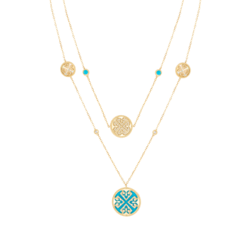 Lace Turquoise Stone with White Mother of Pearl Diamond Two Layerd Necklace in 18K Yellow Gold