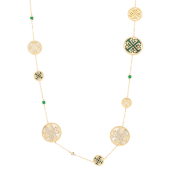 Lace Mixed Motif Malachite, White Mother of Pearl and Diamond Tin Cup Necklace