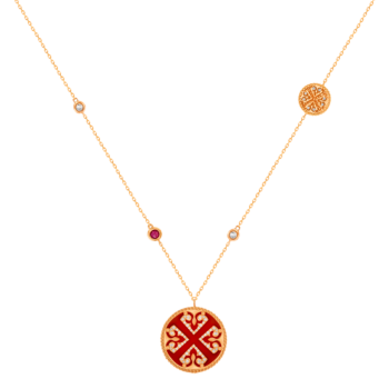 Lace Double Medallion Necklace in 18K Rose Gold With Red Carnelian, Ruby And Diamonds