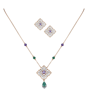 Ananya 18K Gold Diamond, Amethyst & Emerald Pendant & Earrings Set