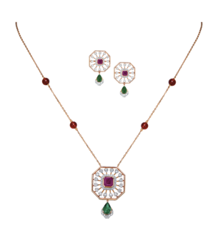 Ananya 18K Gold Diamond, Emerald & Ruby Pendant & Earrings Set
