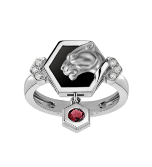 Carrera Y Carrera Ring "Hexagon" 18 Kt Mini White Gold, Diamonds And Onix