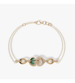 Dome Art Deco Double 18k Yellow Gold Diamond and Malachite Bracelet
