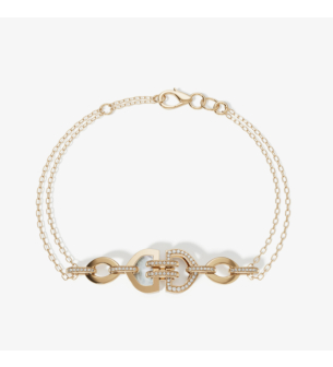 Dome Art Deco Double 18k Yellow Gold Diamond and Mother of Pearl Bracelet