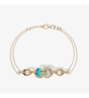 Dome Art Deco Double 18k Yellow Gold Diamond and Turquoise Bracelet