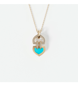 Dome Art Deco Double 18k Yellow Gold Diamond and Turquoise Necklace