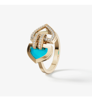 خاتم دوم آرت ديكو دبل من الذهب الأصفر عيار 18 قيراط مرصع بالألماس وعرق اللؤلؤ 