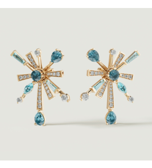 Fireworks Sparkles 18k Yellow Gold Diamond, Blue Topaz & London Topaz Earrings