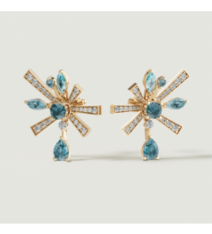 Fireworks Sparkles 18k Yellow Gold Diamond, Blue Topaz & London Topaz Earrings