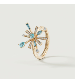 Fireworks Sparkles 18k Yellow Gold Diamond, Blue Topaz & London Topaz Ring