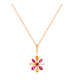 Fireworks Sparks 8 Petals Flower Coloured Gemstones & Diamond Necklace 18K Rose Gold 