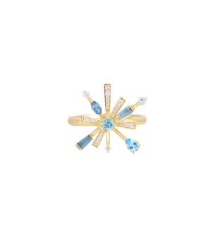 Fireworks Sparkles 18k Yellow Gold Diamond, Blue Topaz & London Topaz Ring