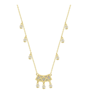 Kiku Arabiya 18k Yellow Gold Necklace With Green and White Mother of Pearl and White Freshwater Pearl