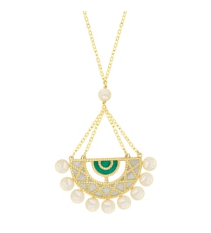 Kiku Arabiya 18k Yellow Gold Necklace With Green and White Mother of Pearl and White Freshwater Pearl