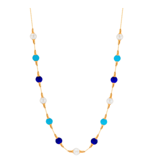 Kiku Glow Necklace in 18K Yellow Gold With Mix of Turquoise and Lapiz Lazuli Stones, and Freshwater Pearls