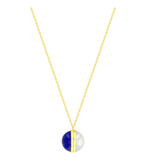 Kiku Glow Sphere Necklace In 18K Yellow Gold With Freshwater Pearl and Lapis Lazuli Stone