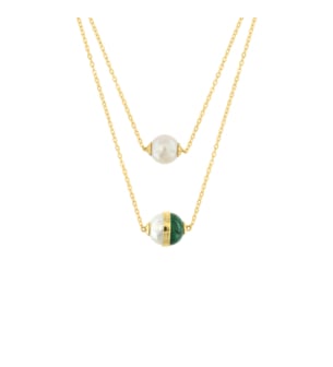 Kiku Glow Sphere 18k Gold Malachite and Freshwater Pearl Necklace