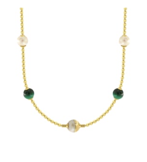 Kiku Glow Sphere 18k Gold Malachite and Freshwater Pearl Necklace