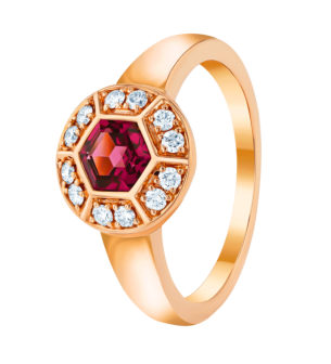 Kanzi Ring in 18K Rose Gold and studded with Raspberry Rhodolite