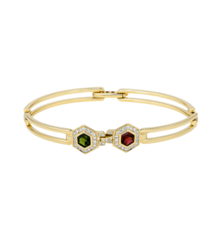 Kanzi Amulet 18k Yellow Gold Rhodolite, Diopside and Diamond Bangle