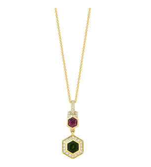 Kanzi Amulet 18k Yellow Gold Rhodolite, Diopside and Diamond Necklace