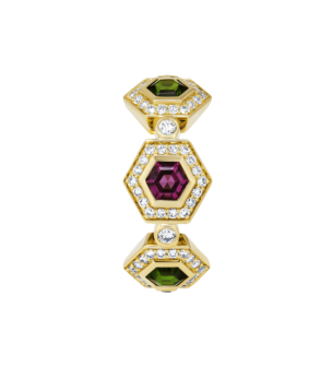 Kanzi Amulet 18k Yellow Gold Rhodolite, Diopside and Diamond Ring