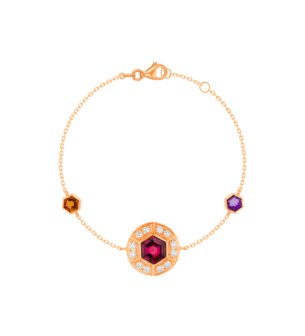 Kanzi Bracelet in 18K Rose Gold and studded with Raspberry Rhodolite Orange Citrine,
and Purple Amethyst