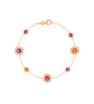 Kanzi Bracelet in 18K Rose Gold and studded with Raspberry Rhodolite Orange Citrine,
and Purple Amethyst