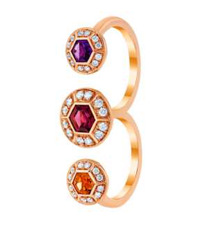 Kanzi Ring in 18K Rose Gold and studded with Raspberry Rhodolite Orange Citrine,
and Purple Amethyst