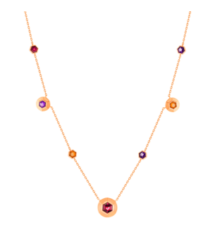 Kanzi Necklace in 18K Rose Gold and studded  with Raspberry Rhodolite Orange Citrine,
and Purple Amethyst