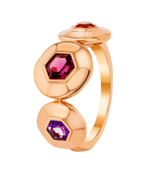 Kanzi Ring in 18K Rose Gold and studded with Raspberry Rhodolite Orange Citrine,
and Purple Amethyst