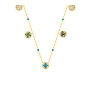 Lace Petite Yellow Gold Diamond Necklace with Condensed Turquoise, Lapis Lazuli, Malachite and Mother of Pearl