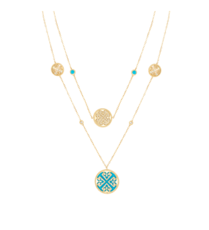 Lace Turquoise Stone with White Mother of Pearl Diamond Two Layerd Necklace in 18K Yellow Gold