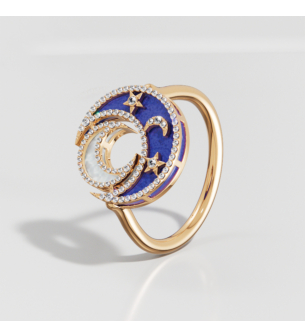 Qamar Layali 18k Yellow Gold Diamond, Lapis Lazuli and Mother of Pearl Ring