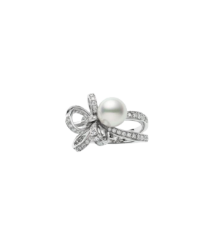 Mikimoto Jeux De Rubans, Akoya Pearl and Damond Set Ring in 18K White Gold