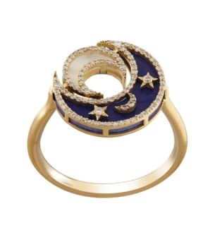 Qamar Layali 18k Yellow Gold Diamond, Lapis Lazuli and Mother of Pearl Ring