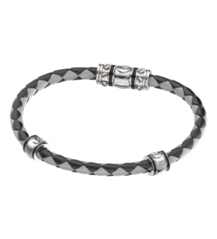 Revolve Bracelet in Silver and Black and Grey Leather 