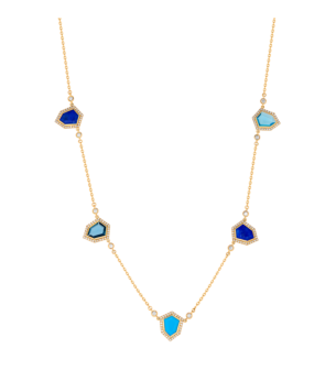 Spring 18k Yellow Gold Necklace with Turquoise, London Blue Topaz, Lapis Lazuli, Swiss Blue Topaz and Diamond 