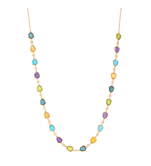 Spring 18k Yellow Gold Necklace with Citrine, Amethyst, Peridot, Swiss Blue Topaz, London Blue Topaz and Diamond 