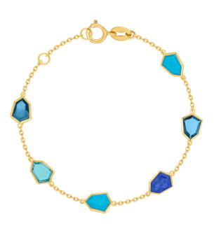 Spring 18k Yellow Gold Bracelet with Swiss Blue Topaz, London Blue Topaz, Lapis Lazuli and Turquoise