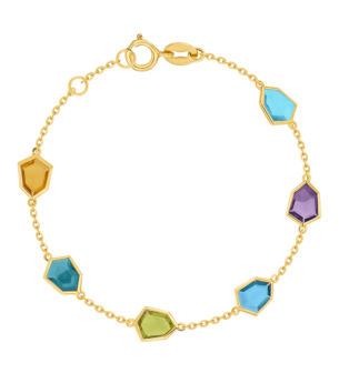 Spring 18k Yellow Gold Bracelet with Amethyst, Citrine, Peridot, Swiss Blue Topaz and London Blue Topaz 