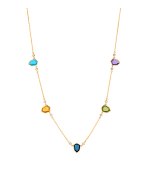 Spring 18k Yellow Gold Necklace with Amethyst, Citrine, Peridot, Swiss Blue Topaz, London Blue Topaz and Diamond