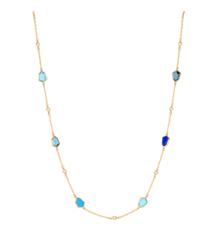 Spring 18k Yellow Gold Necklace with Turquoise, Lapis Lazuli, Swiss Blue Topaz, London Blue Topaz and Diamond