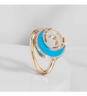 Qamar Layali 18k Yellow Gold Diamond, Turquoise and Mother of Pearl Ring